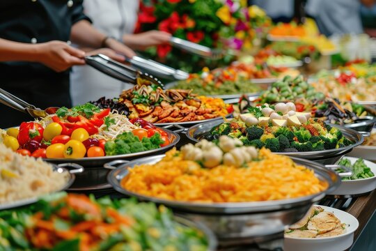 Waiter serving a buffet table. Catering buffet food indoor in luxury restaurant with meat and vegetables.