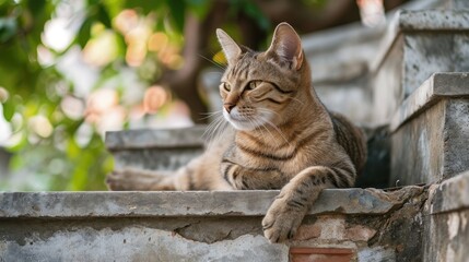 Obraz premium Cat relaxing on stairs with a tree behind it, in the style of Buddhist art and architecture.