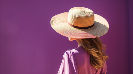 A woman seen from the back wearing a large straw hat and purple dress against a monochrome purple background.