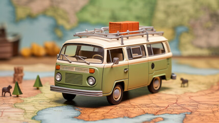 A classic green and cream vintage van model atop a world map, symbolizing travel and adventure.