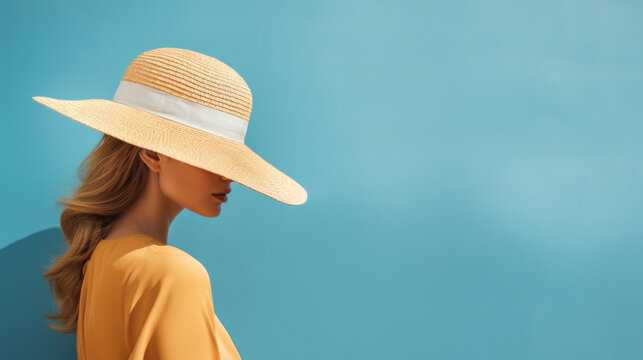 Silhouette of a graceful woman in a stylish hat and yellow dress against a solid blue background.
