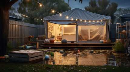afternoon rain, aussie backyard, tent cubby, fairy lights, hyper realistic, natural light, puddles, grey clouds - obrazy, fototapety, plakaty