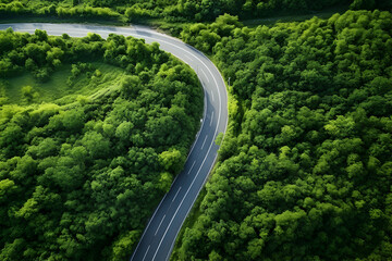 Top view of road surrounded by greenery in a season of growth, emphasizing ESG, zero carbon emission, and environmental care for sustainable resources