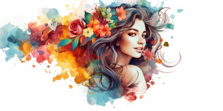 Watercolor young woman with flowers portrait art. Colorful creative watercolor illustration