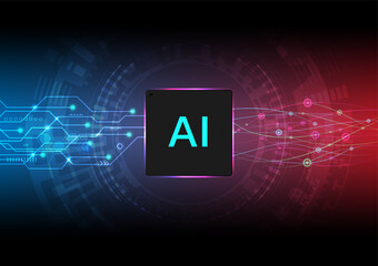 Abstract Technology Background Artificial Intelligence Future innovation The microchip in the bottom center has a tech circle on the left, a circuit pattern on the right, lines and light circles.