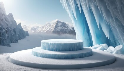 Abstract 3D Render of Winter Scene with Ice Podium - obrazy, fototapety, plakaty