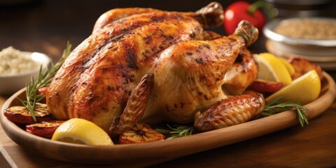 The mouthwatering roast chicken boasts a flavorful herb rub, revealing moist meat that falls off the bone with every bite.