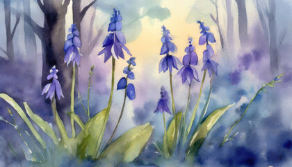 Watercolor Art Painting: Enchanting Bluebells Delicately Ethereally at Dusk