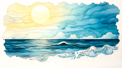 Watercolor drawing of ocean, sky, and sun. Isolated with uneven edges on white background. 