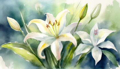 Fototapeta na wymiar Watercolor Art Painting: Majestic Lily Garden Regally Gracefully in Late Afternoon