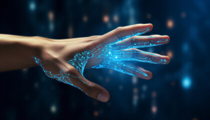 Hand and digital in Cybernetic Space, Blue-Toned Interface, Global Connectivity, and Futuristic Data Nodes - Banner of Modern Science, Connectivity, and Cybersecurity Concept