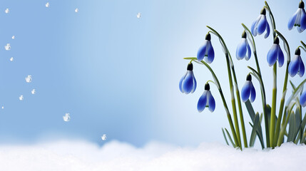 Spring background of delicate color with blue snowdrops, space for text, minimalistic