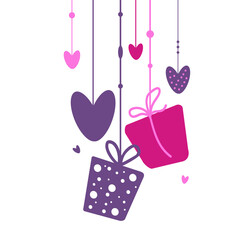 Vector Hanging gift boxes and hearts by Valentine day. Background with cute elements. Illustration in flat style. For greeting card, logo, sale, product, design