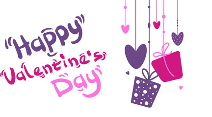 Vector Hanging gift boxes and hearts by Valentine day. Wallpaper with lettering. Background in flat style. For greeting card, logo, sale, product, design