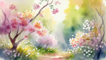 Obraz na płótnie Canvas Watercolor Art Painting: Vibrant Garden Blossoms Gracefully Elegantly in Morning