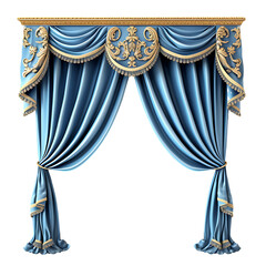 Blue luxury curtains on transparent background PNG. Luxury furniture concept for home decoration.