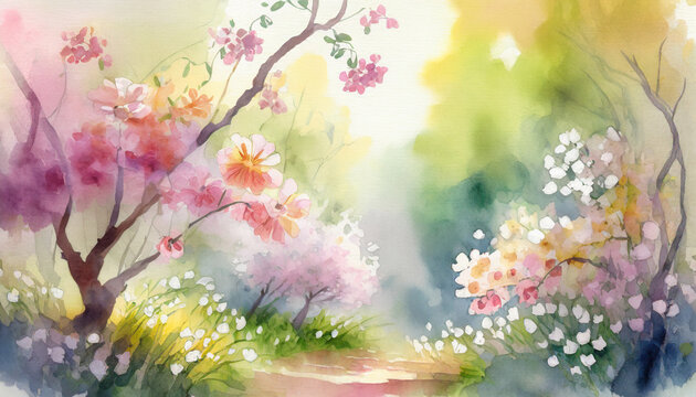Watercolor Art Painting: Vibrant Garden Blossoms Gracefully Elegantly in Morning