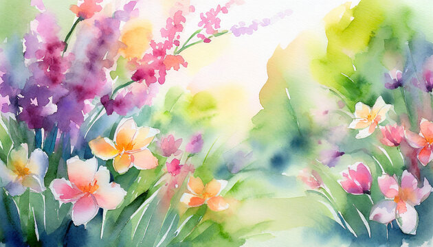 Watercolor Art Painting: Vibrant Garden Blossoms Gracefully Elegantly in Morning