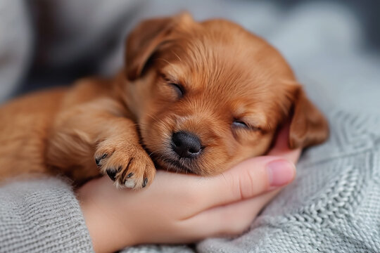 Cute puppy laying on the hand 