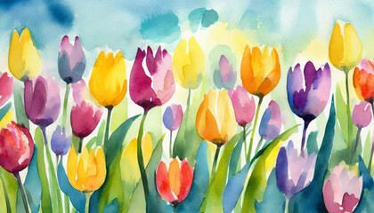 Watercolor Art Painting: Whimsical Tulip Field Playfully Joyfully at Noon