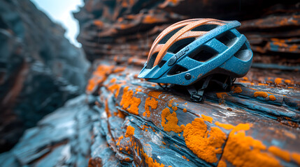An outdoor protective safety sports bicycle helmet.  A bicycle helmet is lying on the road. Blurred background, forest road, close-up, raindrops. Ai generated image - obrazy, fototapety, plakaty