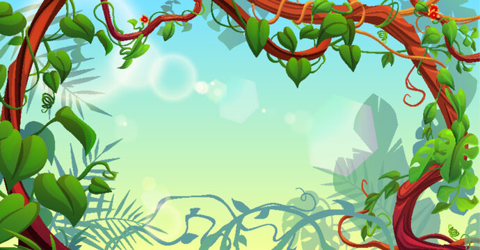Jungle background with border frame from liana vine, green leaves and flowers. Cartoon sunny tropical backdrop with empty space for text. Rainforest long creeping plant branches with vegetation.