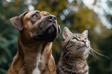 Attentive Dog and Cat Looking Up in Same Direction 