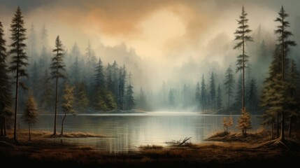 Mystical Sunrise Over Foggy Forested Lake