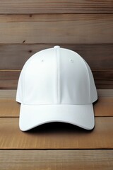 a mockup white baseball cap on a wooden background