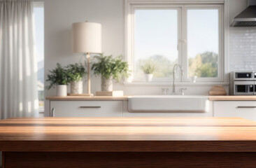 Fototapeta premium Empty wooden table top counter near a big window. Wood tabletop over defocused kitchen background. Trendy stylish desk space for product presentation, blur light modern cooking interior. Ai Generated