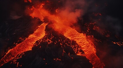 Through the lens of a drone, the hypnotic and dangerous nature of a volcanic eruption is revealed, with molten lava pulsating and flowing like a living entity.