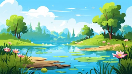 Fototapeta na wymiar Pond landscape illustration in cartoon style. Scenery abstract background for game