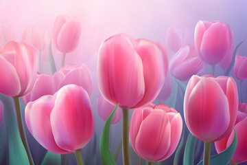 Illustration of pink tulips as a background. Generative AI - obrazy, fototapety, plakaty