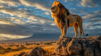 A majestic lion standing on a rocky outcrop, its mane blowing in the wind as it surveys the...