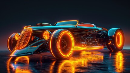 A neon orange hot rod with a sleek and streamlined design reminiscent of a futuristic rocket ship - obrazy, fototapety, plakaty