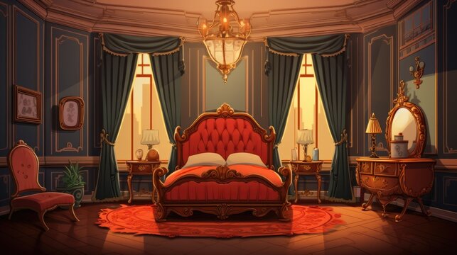 Victorian bedroom interior illustration in cartoon style. Bright colors, empty room scene for game background
