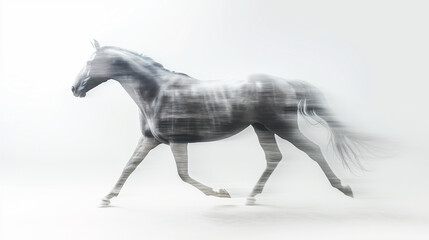 A ghostly image of a horse in stride, rendered in monochromatic tones with a motion blur effect, creating an abstract and dynamic visual of equine grace and power.