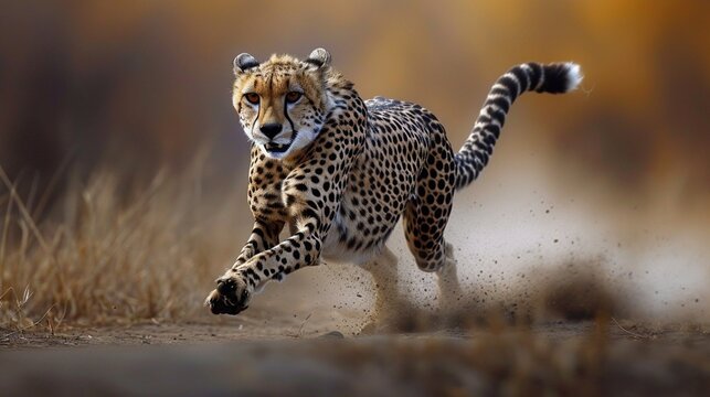 A cheetah in mid-sprint, muscles tense and fur rippling, capturing the sheer power and speed of this magnificent predator. 