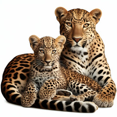 Naklejka premium leopard and leopard cub isolated on white background