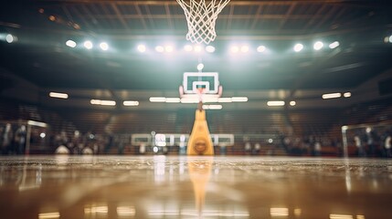 Basketball Court Perspective with Hoop and Shiny Floor - obrazy, fototapety, plakaty