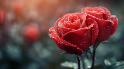 Beautiful two red rose of love wallpapers background with glitter, bokeh lights, romantic and charm atmosphere in background. Valentine concept.