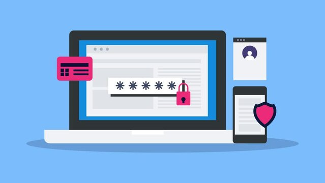 Internet security online data protection, secure password access with admin login page, digital information privacy and safety conceptual 2d animation video clip.