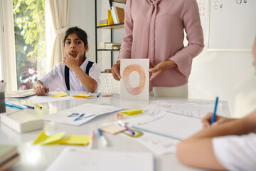 Teacher showing card with letter to group of kids and asking to pronounce sound