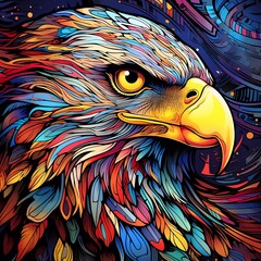 Abstract eagle head close up with tangled doodle elements. Full color illustrations. generative ai