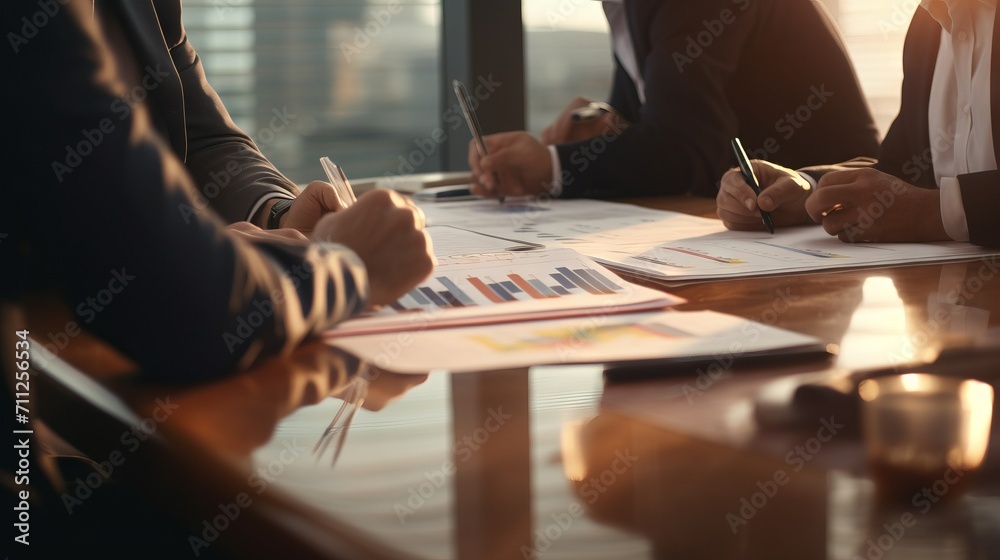 Poster cropped photo of business people communicating, planning strategies in the office. training, working