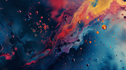 This compelling image mesmerizes with its abstract representation of cosmic fluidity, where vibrant colors and liquid forms collide in a universe of painted droplets.