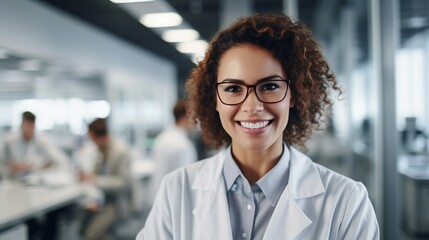 Portrait of a confident female researcher in a white lab coat and glasses working in a modern medical science laboratory with a team of specialists behind her - obrazy, fototapety, plakaty