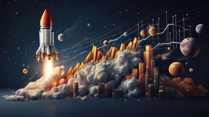 A visual representation of a chart that showcases the exponential growth and prosperity of a new business venture, with a rocket taking off towards the stars. - obrazy, fototapety, plakaty
