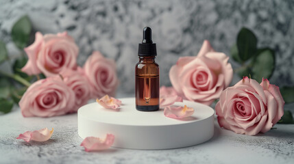 Obraz na płótnie Canvas Facial serum in glass dropper bottle on white podium and pink roses on grey background. Natural skin care cosmetic. Beauty routine concept. Minimal composition. Trendy product for branding.