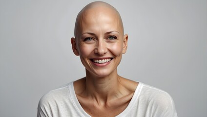 portrait of smiling bald woman suffering from cancer isolated on background - obrazy, fototapety, plakaty